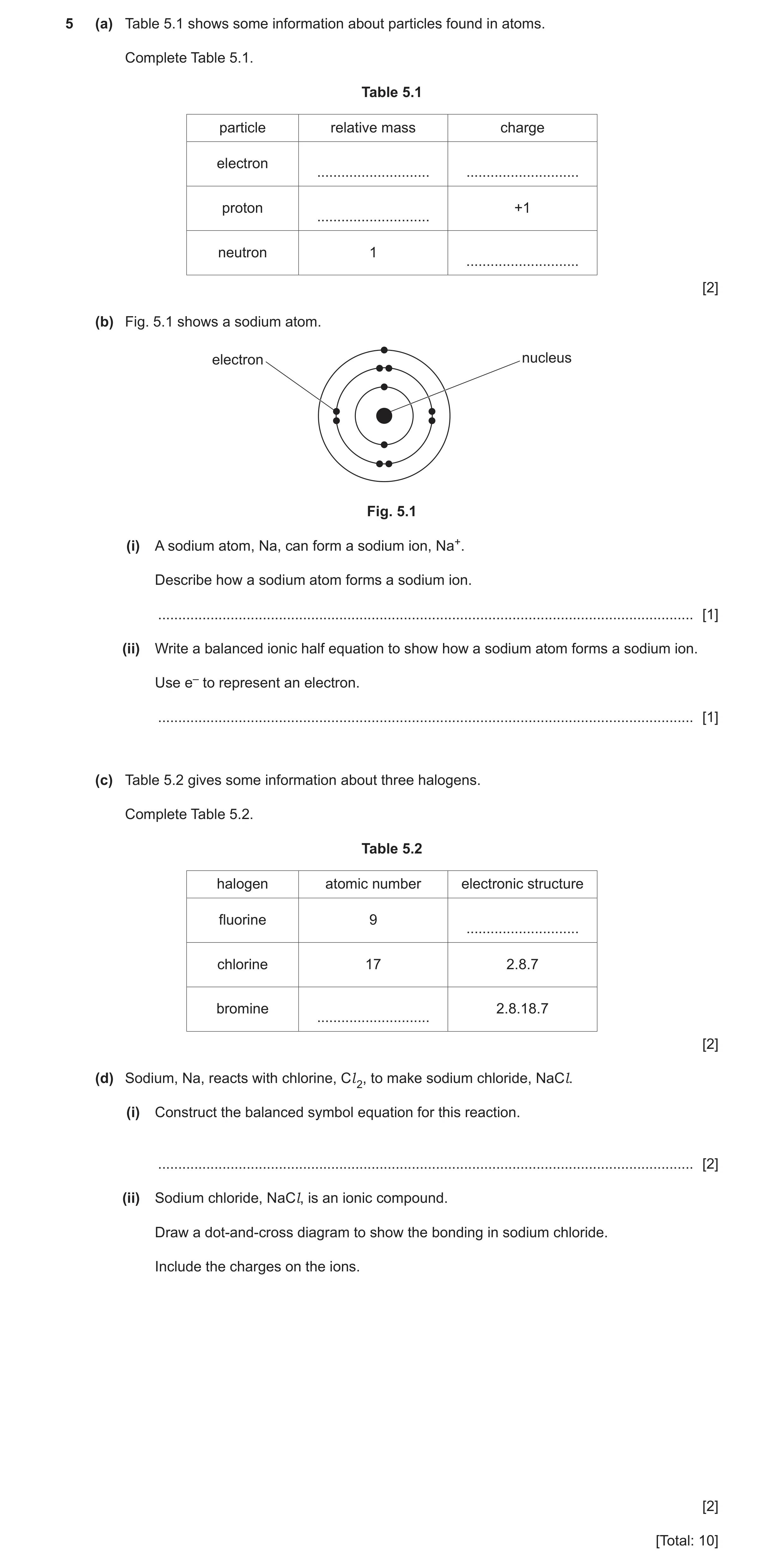 Question 16: (a) Table 5.1 shows some information about particles found in atoms. Complete Table 5.1. Table 5.1 particle relative mass charge electron .…