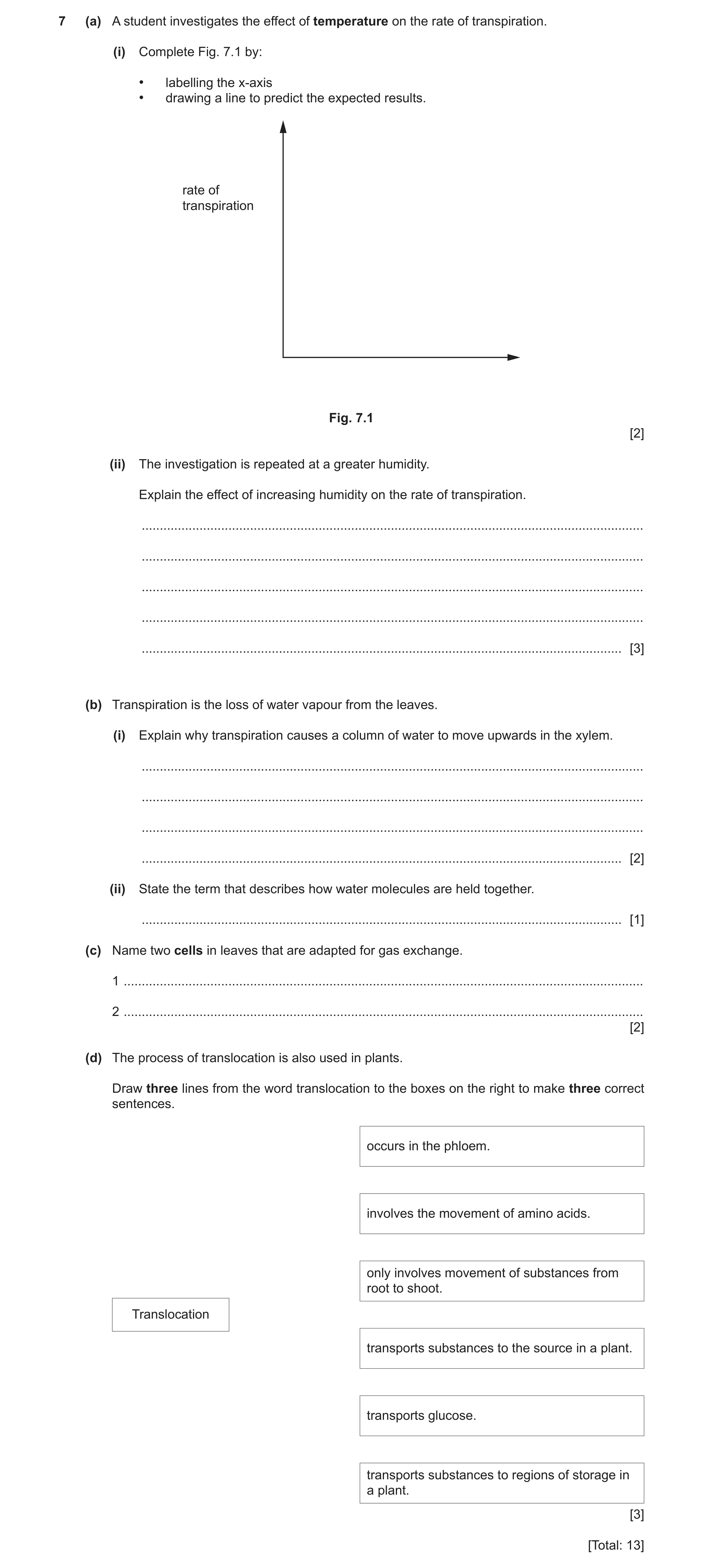 Question 9: (a) A student investigates the effect of temperature on the rate of transpiration. (i) Complete Fig. 7.1 by: • labelling the x‑axis • drawi…