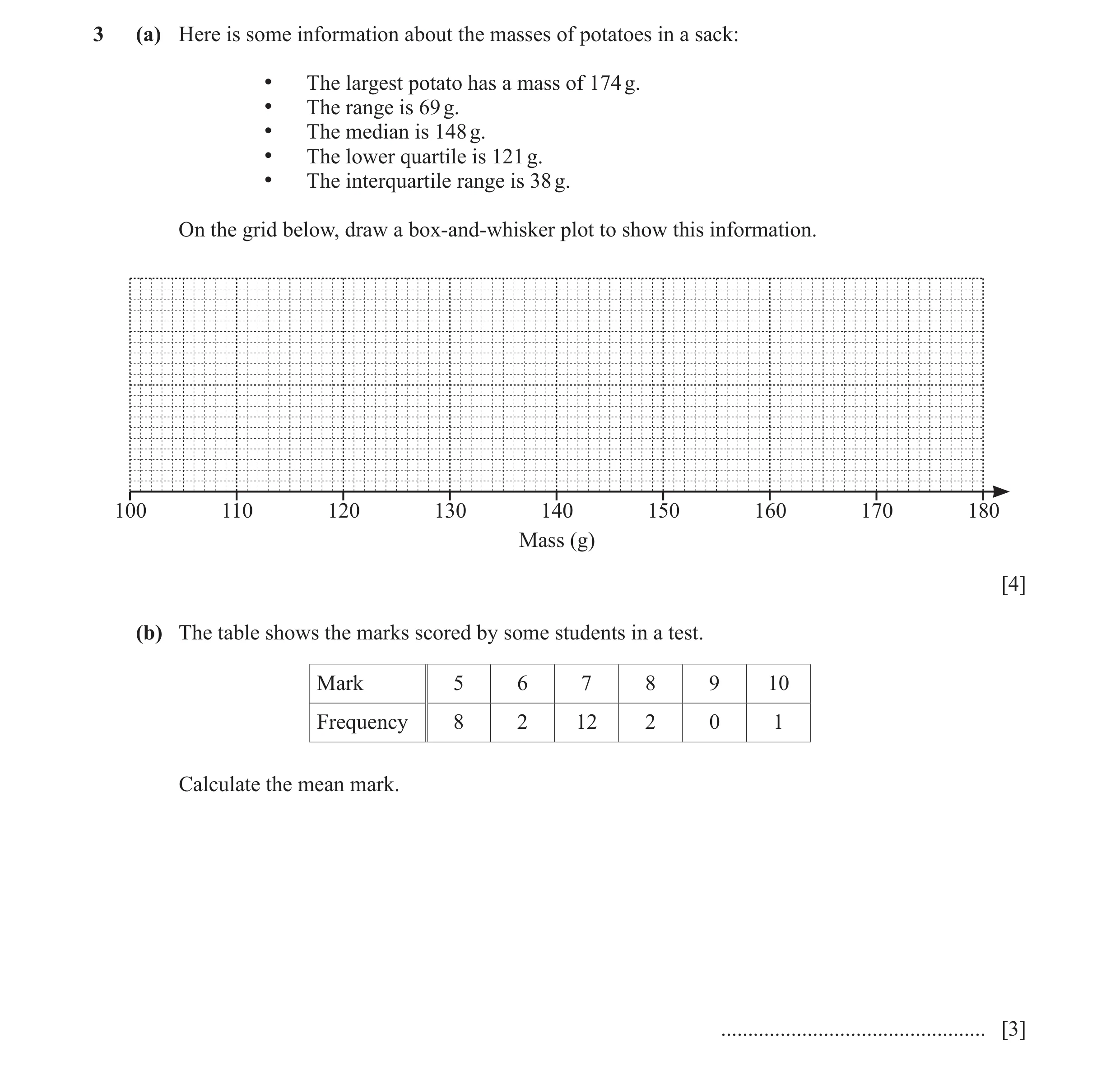 Question 19: (a) Here is some information about the masses of potatoes in a sack: • The largest potato has a mass of 174 g. • The range is 69 g. • The m…