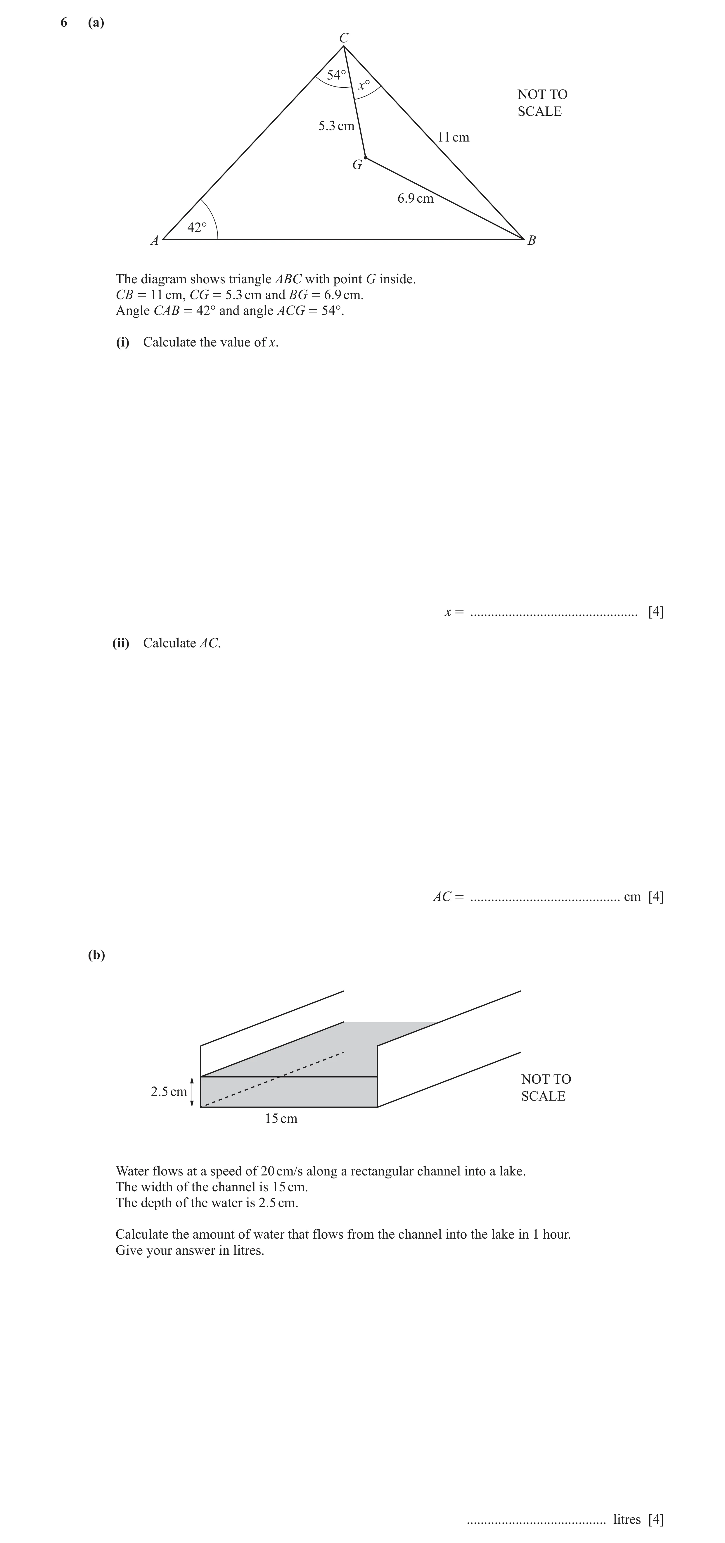Question 32: (a) C 54° x° NOT TO SCALE 5.3 cm 11 cm G 6.9 cm 42° A B The diagram shows triangle ABC with point G inside. CB = 11 cm, CG = 5.3 cm and BG …