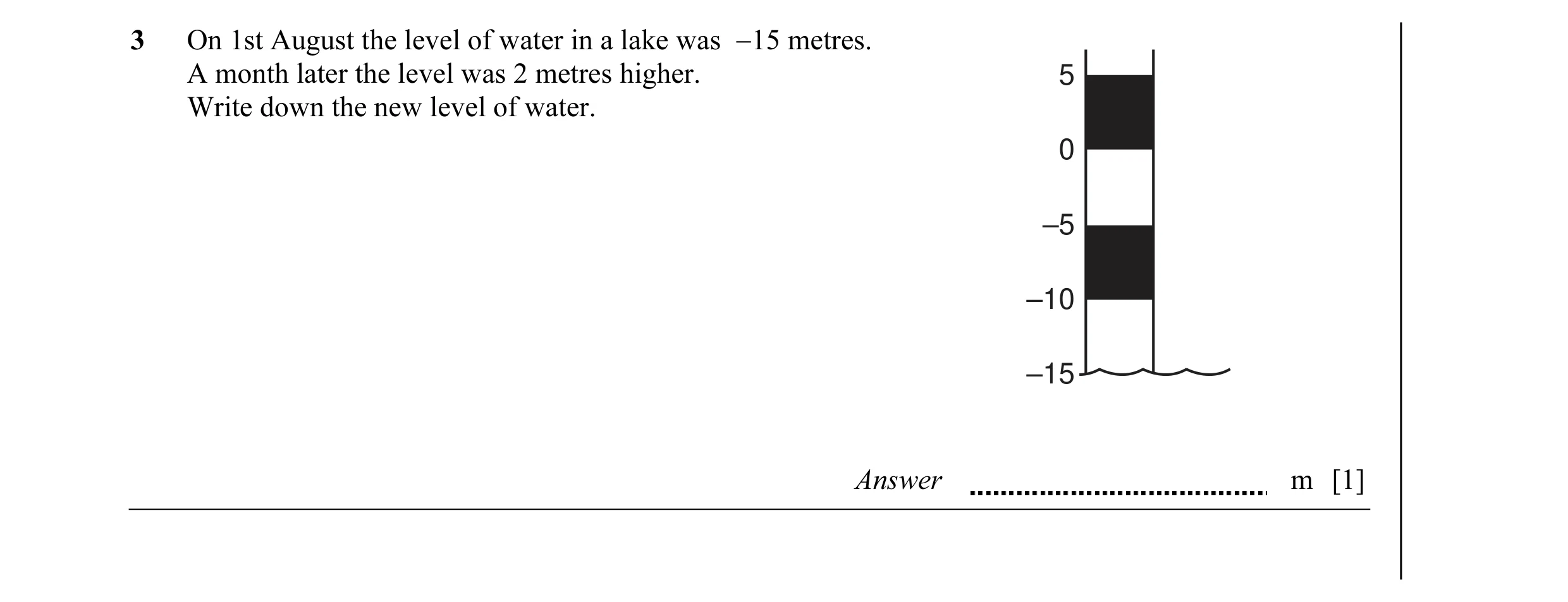 Question 9: On 1st August the level of water in a lake was −15 metres. A month later the level was 2 metres higher. 5 Write down the new level of water…