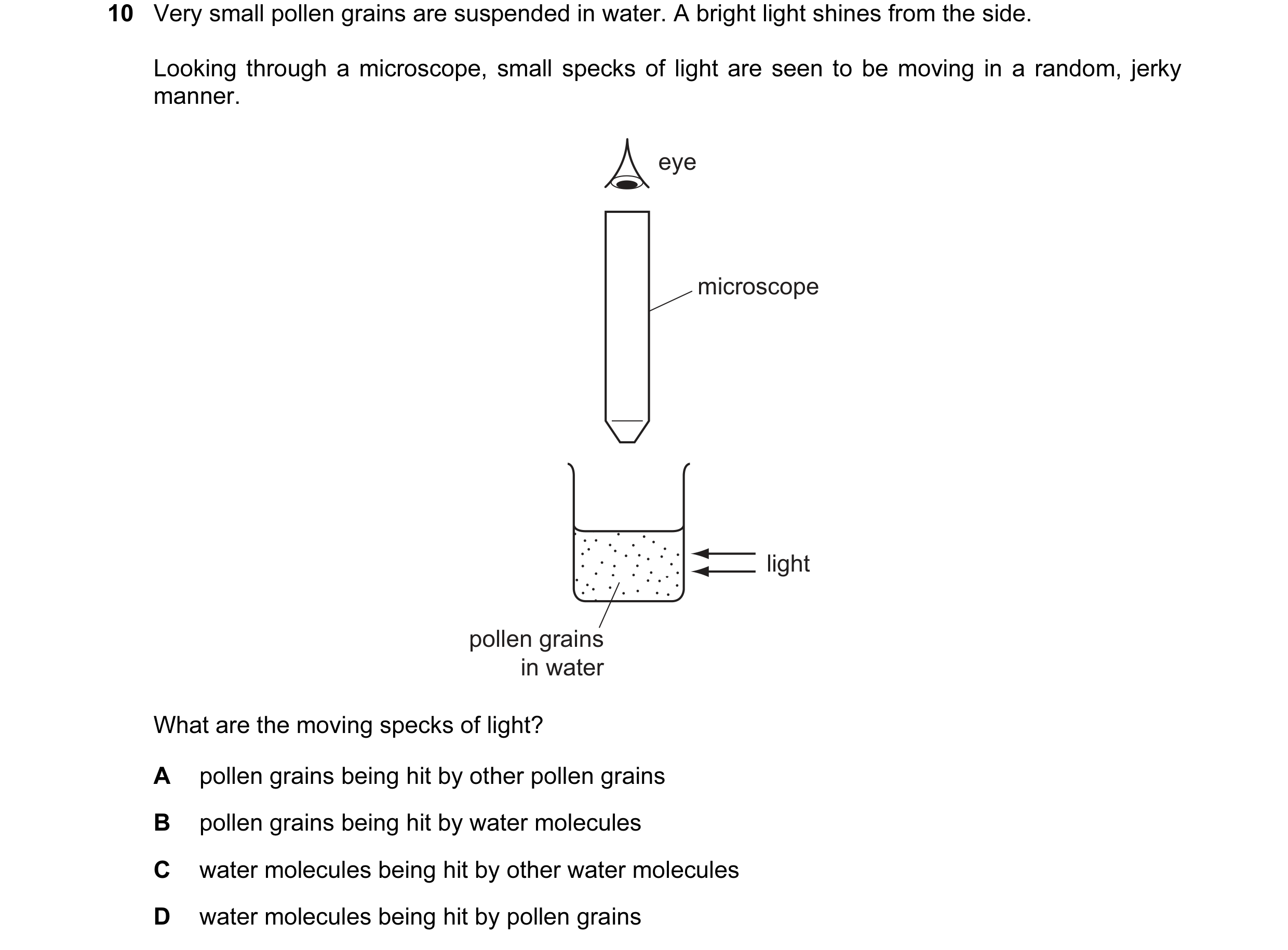 Question 52: Very small pollen grains are suspended in water. A bright light shines from the side. Looking through a microscope, small specks of light a…