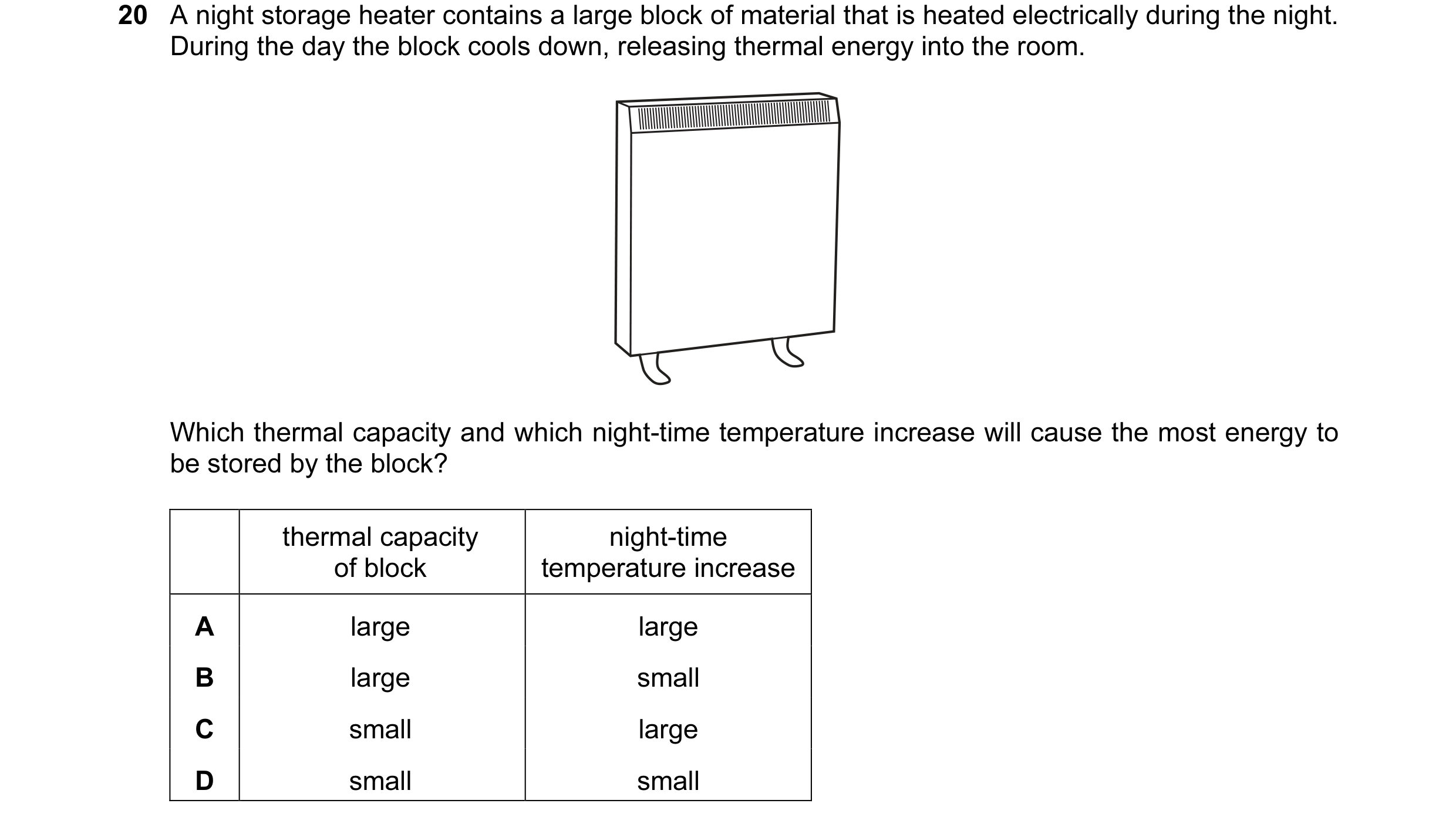 Question 50: A night storage heater contains a large block of material that is heated electrically during the night. During the day the block cools down…
