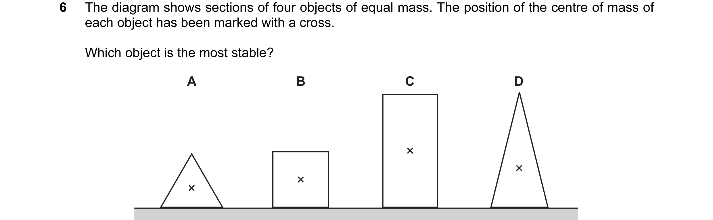 Question 61: The diagram shows sections of four objects of equal mass. The position of the centre of mass of each object has been marked with a cross. W…