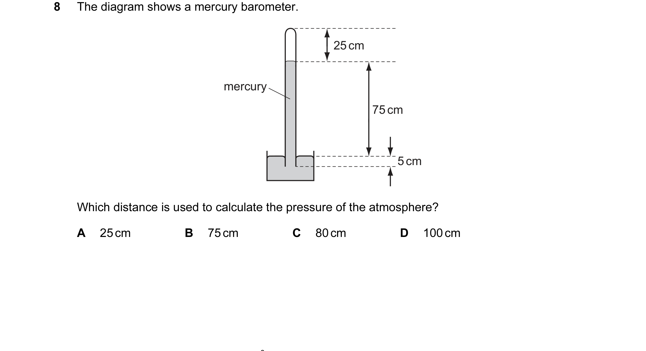 Question 48: The diagram shows a mercury barometer. 25 cm mercury 75 cm 5 cm Which distance is used to calculate the pressure of the atmosphere? A 25 cm…