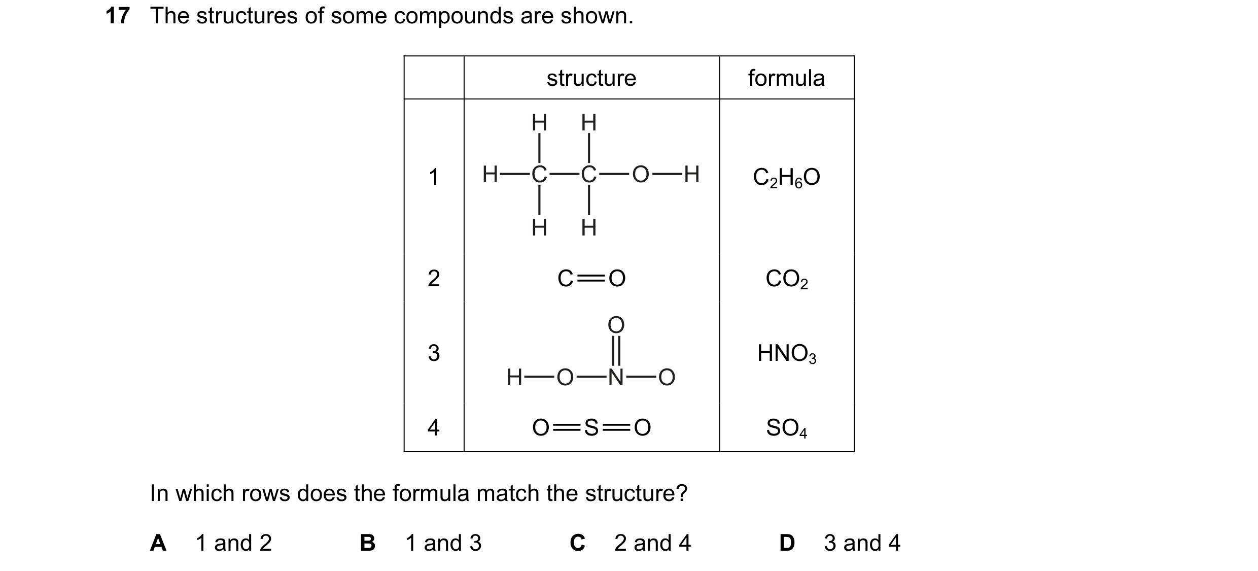 Question 37: The structures of some compounds are shown. structure formula H H 1 H C C O H C2H6O H H 2 C=O CO2 O 3 HNO3 H O N O 4 O=S=O SO4 In which row…