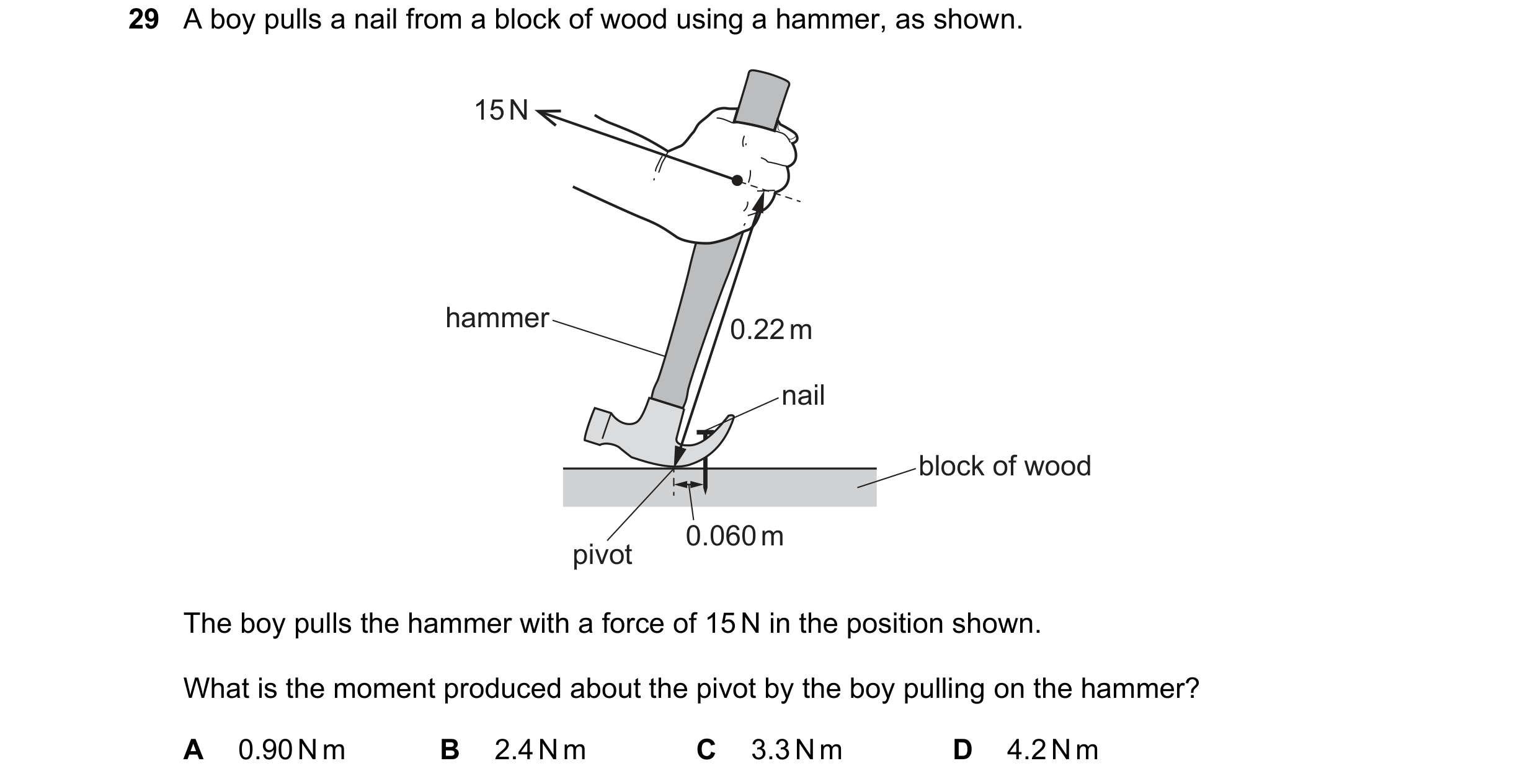 Question 58: A boy pulls a nail from a block of wood using a hammer, as shown. 15 N hammer 0.22 m nail block of wood 0.060 m pivot The boy pulls the ham…