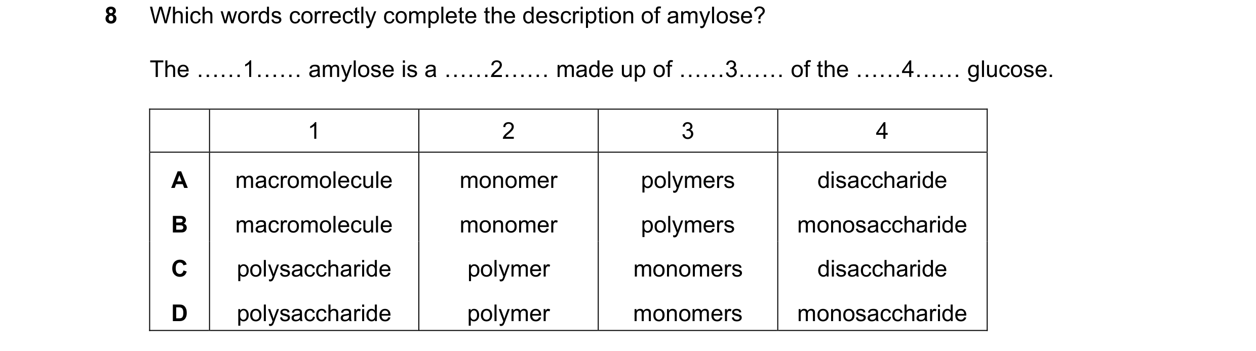 Question 194: Which words correctly complete the description of amylose? The ««1«« amylose is a ««2«« made up of ««3«« of the ««4«« glucose. 1 2 3 4 A ma…