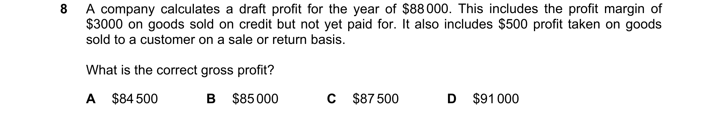 Question 482: A company calculates a draft profit for the year of $88 000. This includes the profit margin of $3000 on goods sold on credit but not yet p…