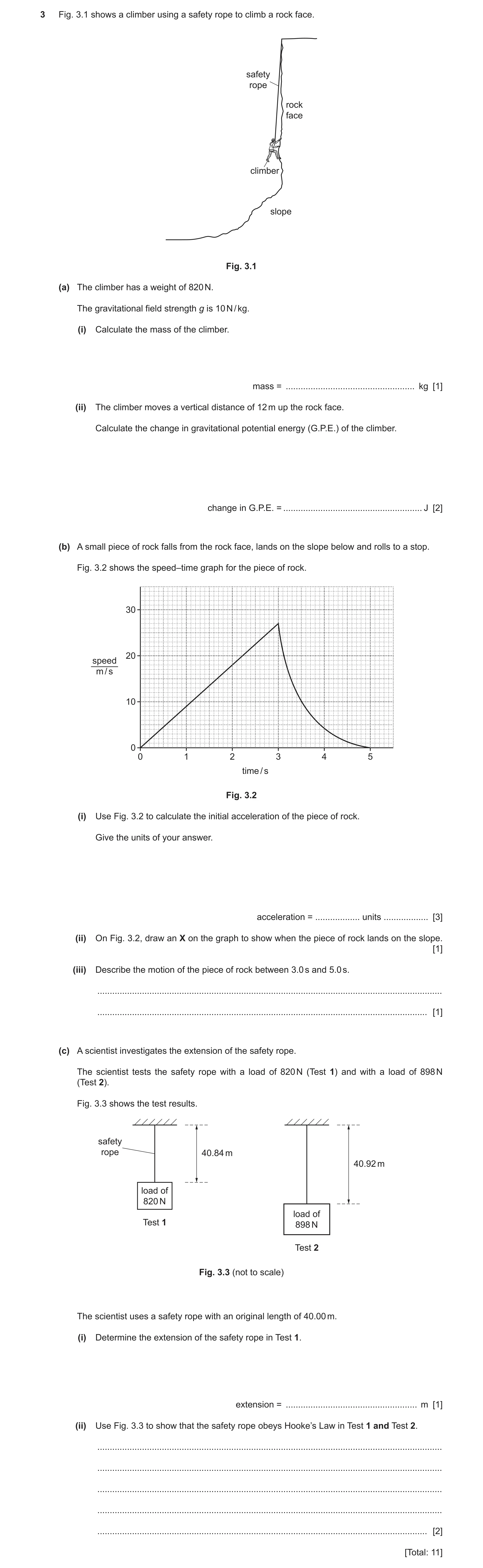 Question 8: Fig. 3.1 shows a climber using a safety rope to climb a rock face. safety rope rock face climber slope Fig. 3.1 (a) The climber has a weigh…