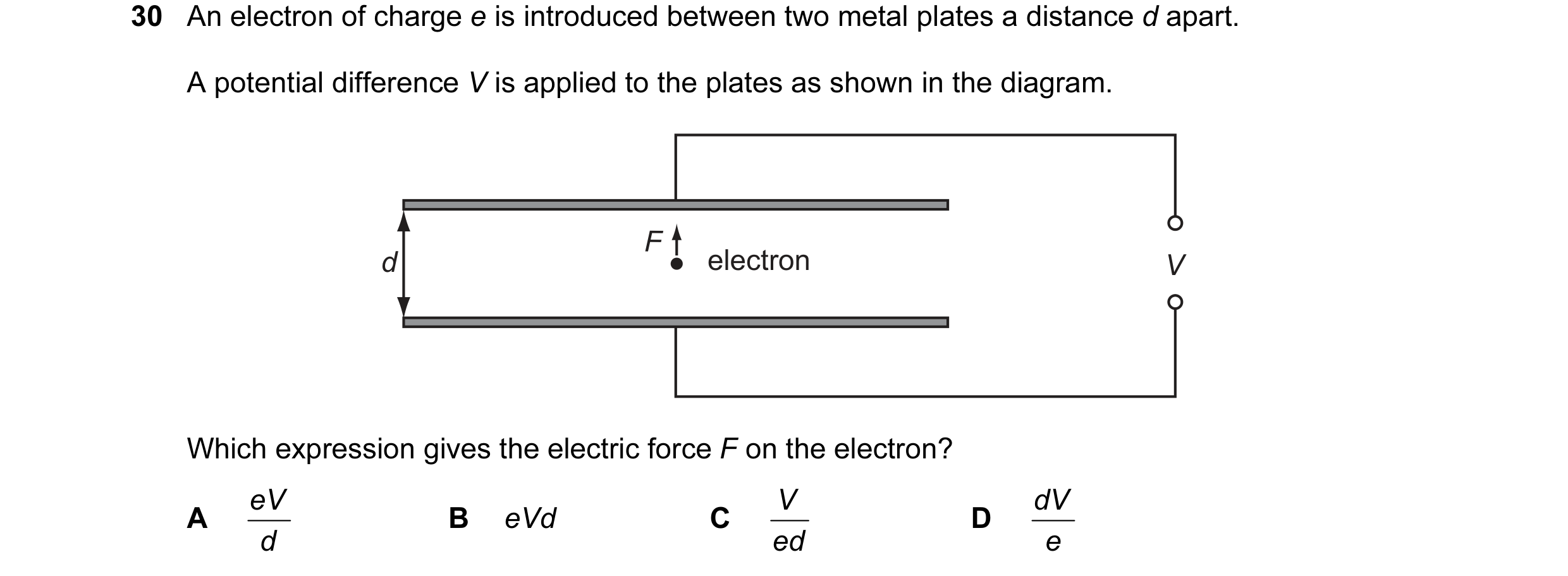Question 6: An electron of charge e is introduced between two metal plates a distance d apart. A potential difference V is applied to the plates as sho…