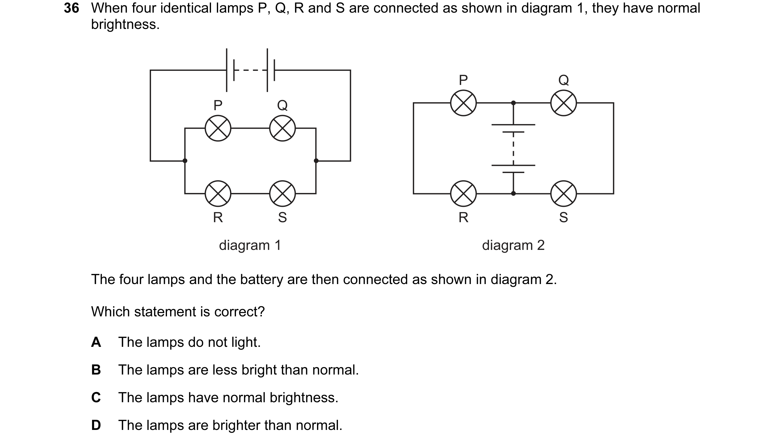 Question 5: When four identical lamps P, Q, R and S are connected as shown in diagram 1, they have normal brightness. P Q P Q R S R S diagram 1 diagram…