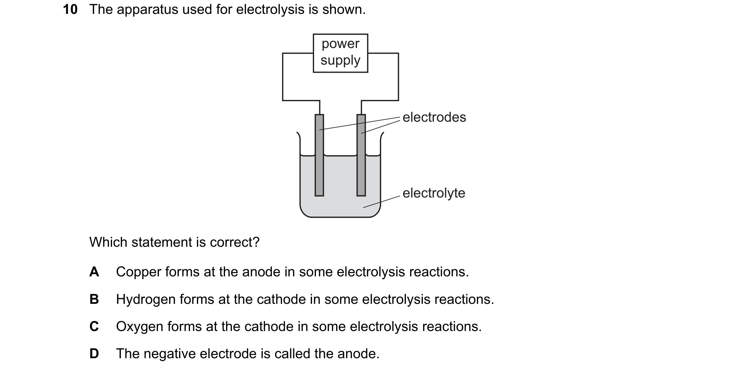Question 3: The apparatus used for electrolysis is shown. power supply electrodes electrolyte Which statement is correct? A Copper forms at the anode i…