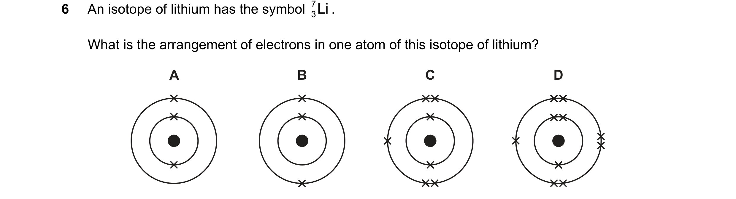 Question 3: An isotope of lithium has the symbol Li 7 . 3 What is the arrangement of electrons in one atom of this isotope of lithium? A B C D