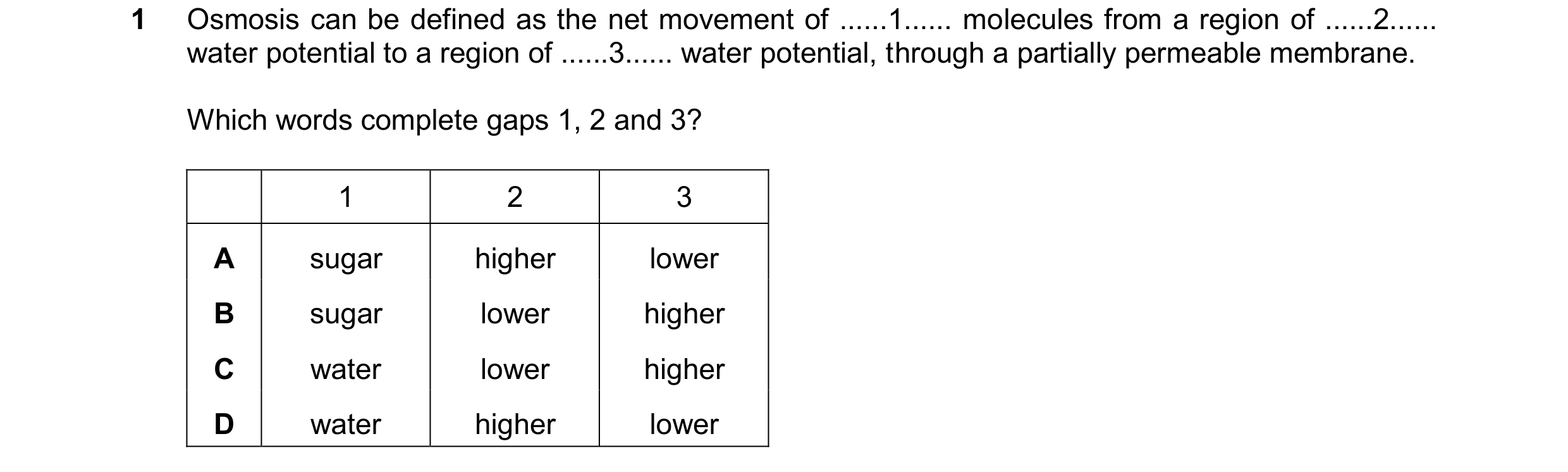 Question 17: Osmosis can be defined as the net movement of ......1...... molecules from a region of ......2...... water potential to a region of ......3…