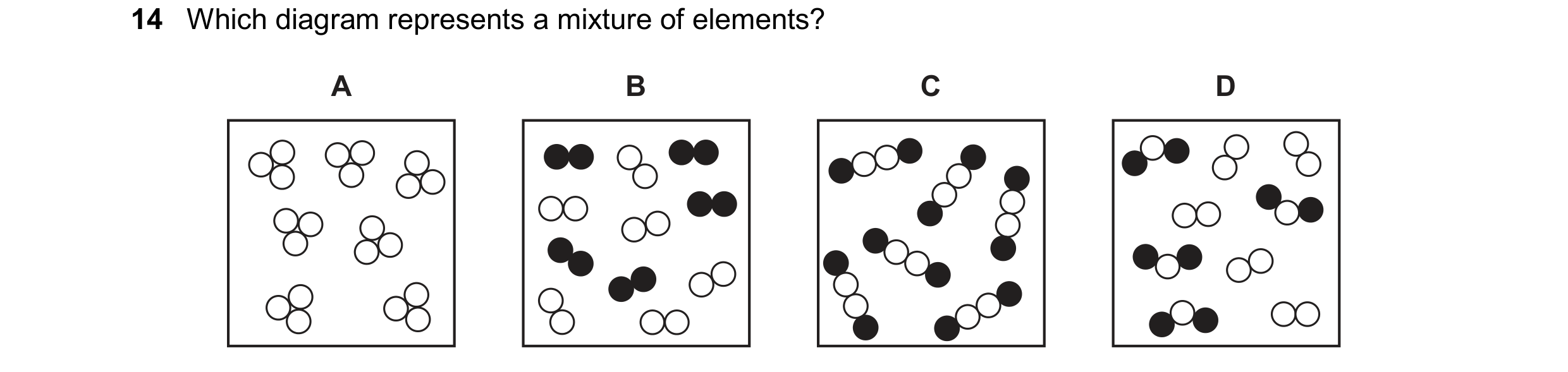 Question 42: Which diagram represents a mixture of elements? A B C D