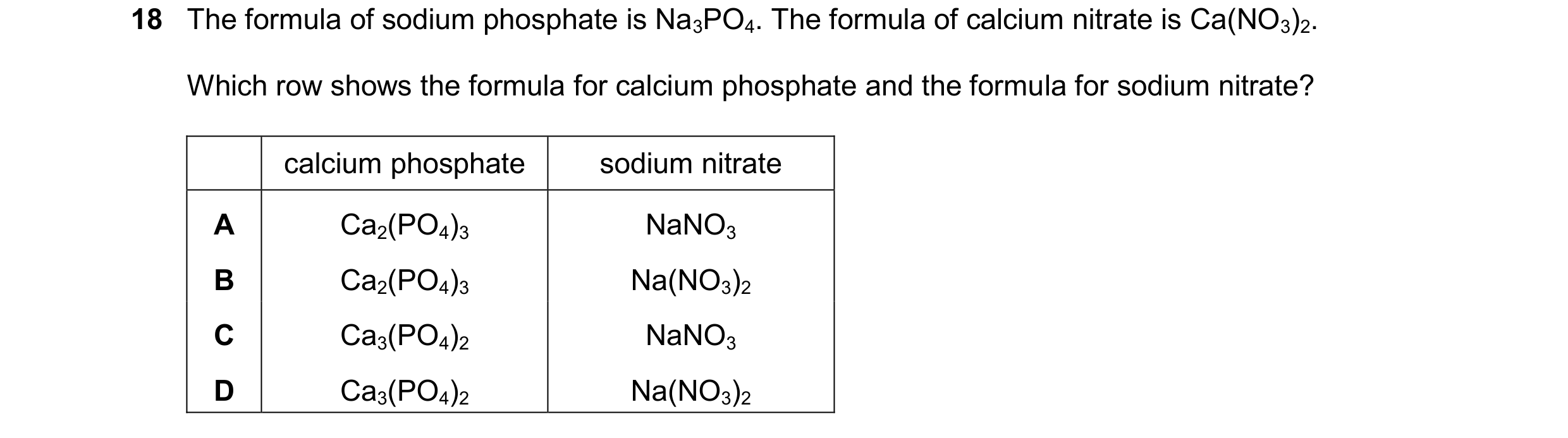 Question 42: The formula of sodium phosphate is Na3PO4. The formula of calcium nitrate is Ca(NO3)2. Which row shows the formula for calcium phosphate an…