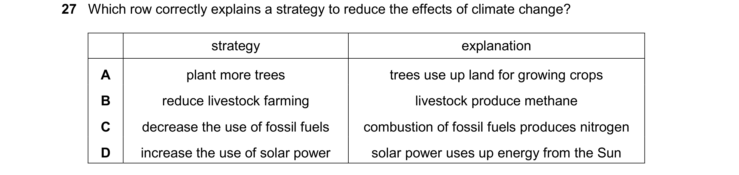 Question 44: Which row correctly explains a strategy to reduce the effects of climate change? strategy explanation A plant more trees trees use up land …