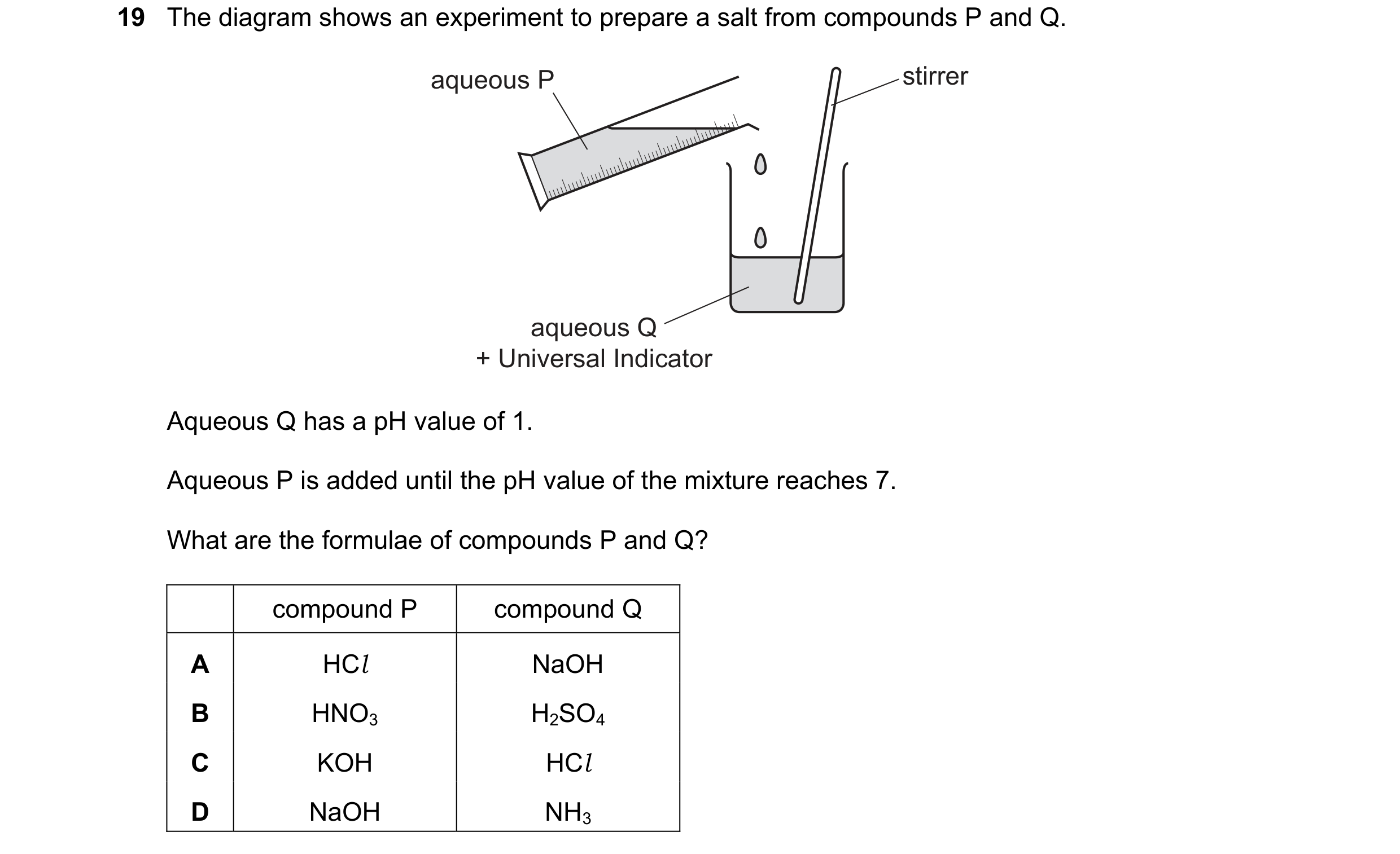 Question 71: The diagram shows an experiment to prepare a salt from compounds P and Q. aqueous P stirrer aqueous Q + Universal Indicator Aqueous Q has a…