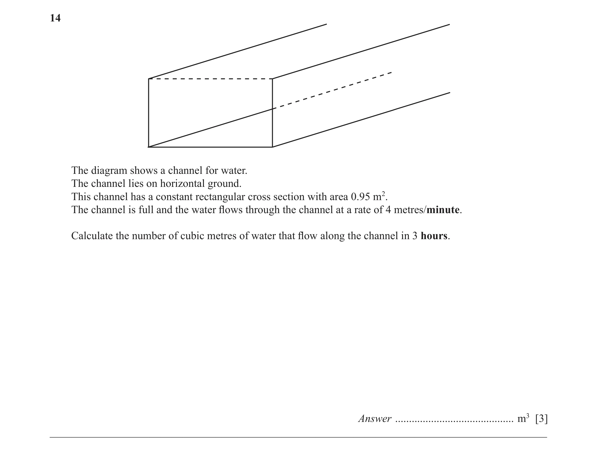 Question 39: The diagram shows a channel for water. The channel lies on horizontal ground. This channel has a constant rectangular cross section with ar…