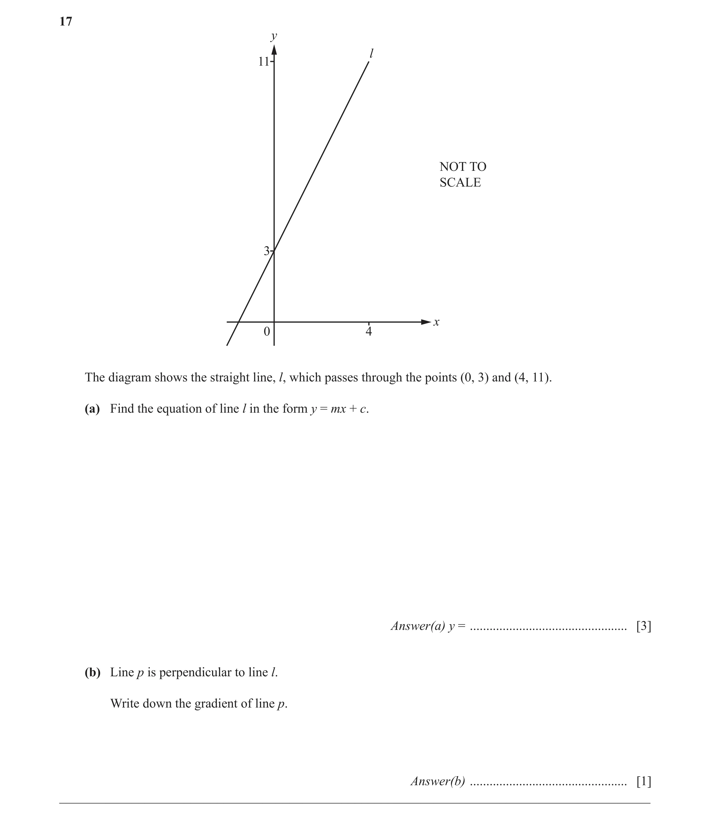 Question 15: y l 11 NOT TO SCALE 3 x 0 4 The diagram shows the straight line, l, which passes through the points (0, 3) and (4, 11). (a) Find the equati…