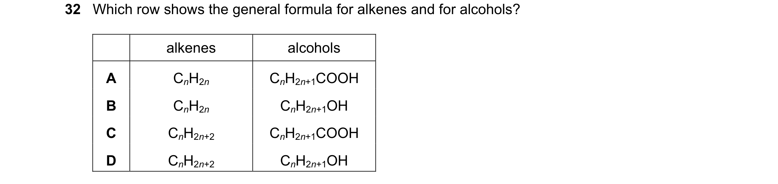 Question 13: Which row shows the general formula for alkenes and for alcohols? alkenes alcohols A CnH2n CnH2n+1COOH B CnH2n CnH2n+1OH C CnH2n+2 CnH2n+1C…