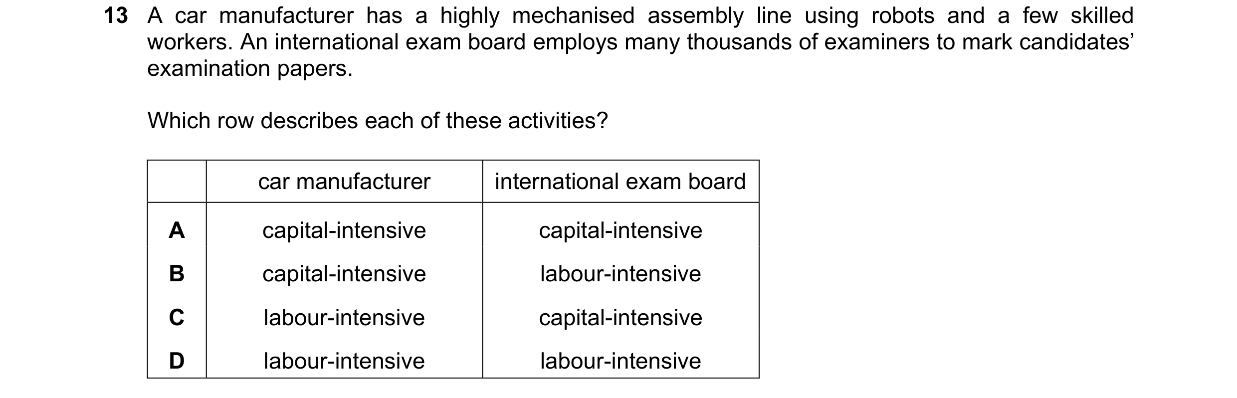 Question 42: A car manufacturer has a highly mechanised assembly line using robots and a few skilled workers. An international exam board employs many t…