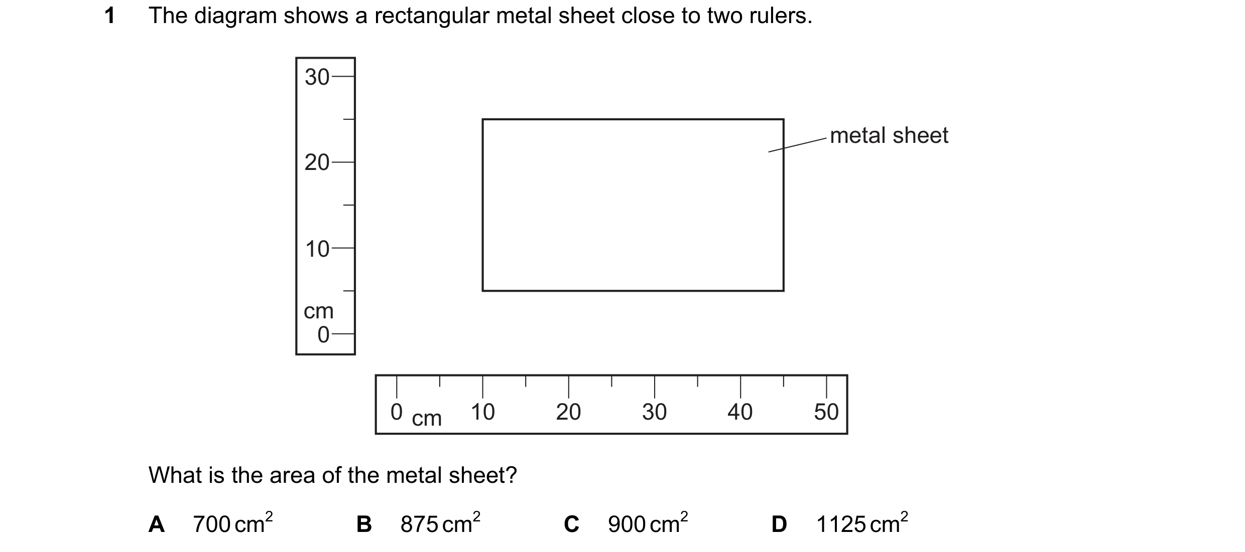 Question 49: The diagram shows a rectangular metal sheet close to two rulers. 30 metal sheet 20 10 cm 0 0 cm 10 20 30 40 50 What is the area of the meta…