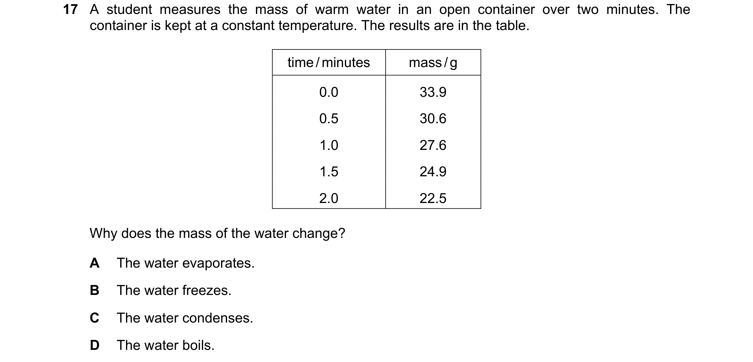 Question 69: A student measures the mass of warm water in an open container over two minutes. The container is kept at a constant temperature. The resul…