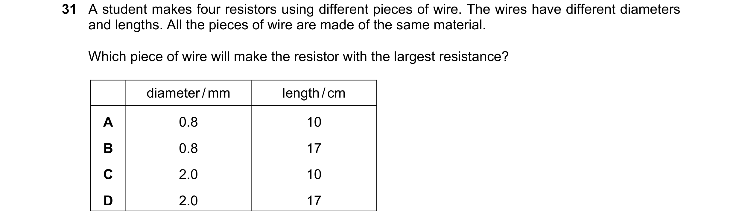 Question 138: A student makes four resistors using different pieces of wire. The wires have different diameters and lengths. All the pieces of wire are m…