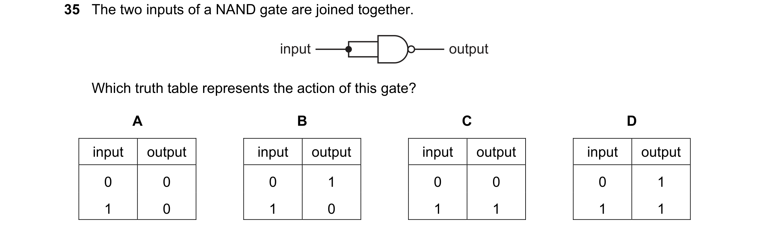 Question 142: The two inputs of a NAND gate are joined together. input output Which truth table represents the action of this gate? A B C D input output …