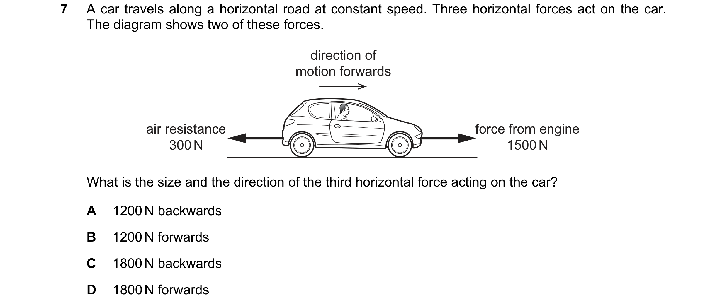 Question 111: A car travels along a horizontal road at constant speed. Three horizontal forces act on the car. The diagram shows two of these forces. dir…