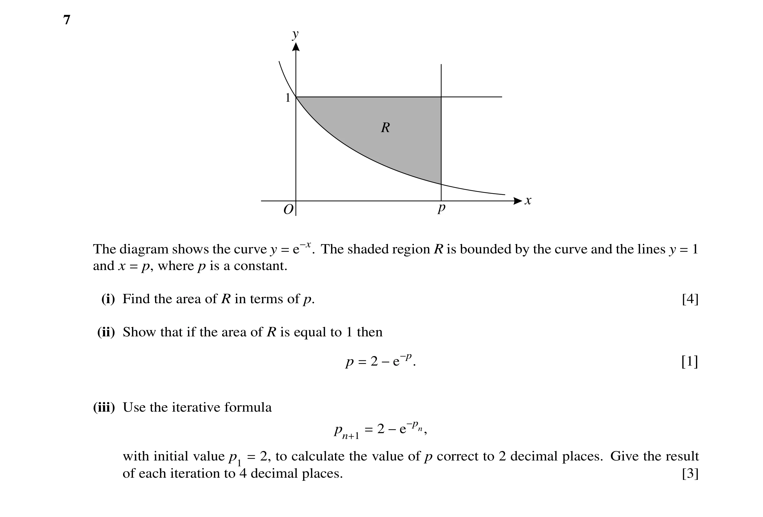 Question 12: y 1 R x O p 1 The diagram shows the curve y The shaded region R is bounded by the curve and the lines y = e−x. = and x p, where p is a cons…
