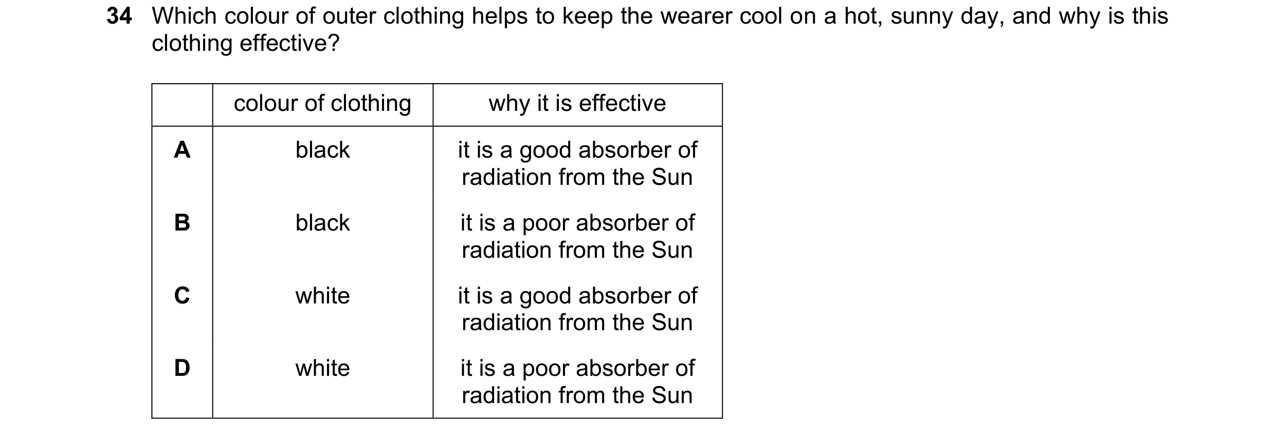 Question 21: Which colour of outer clothing helps to keep the wearer cool on a hot, sunny day, and why is this clothing effective? colour of clothing wh…