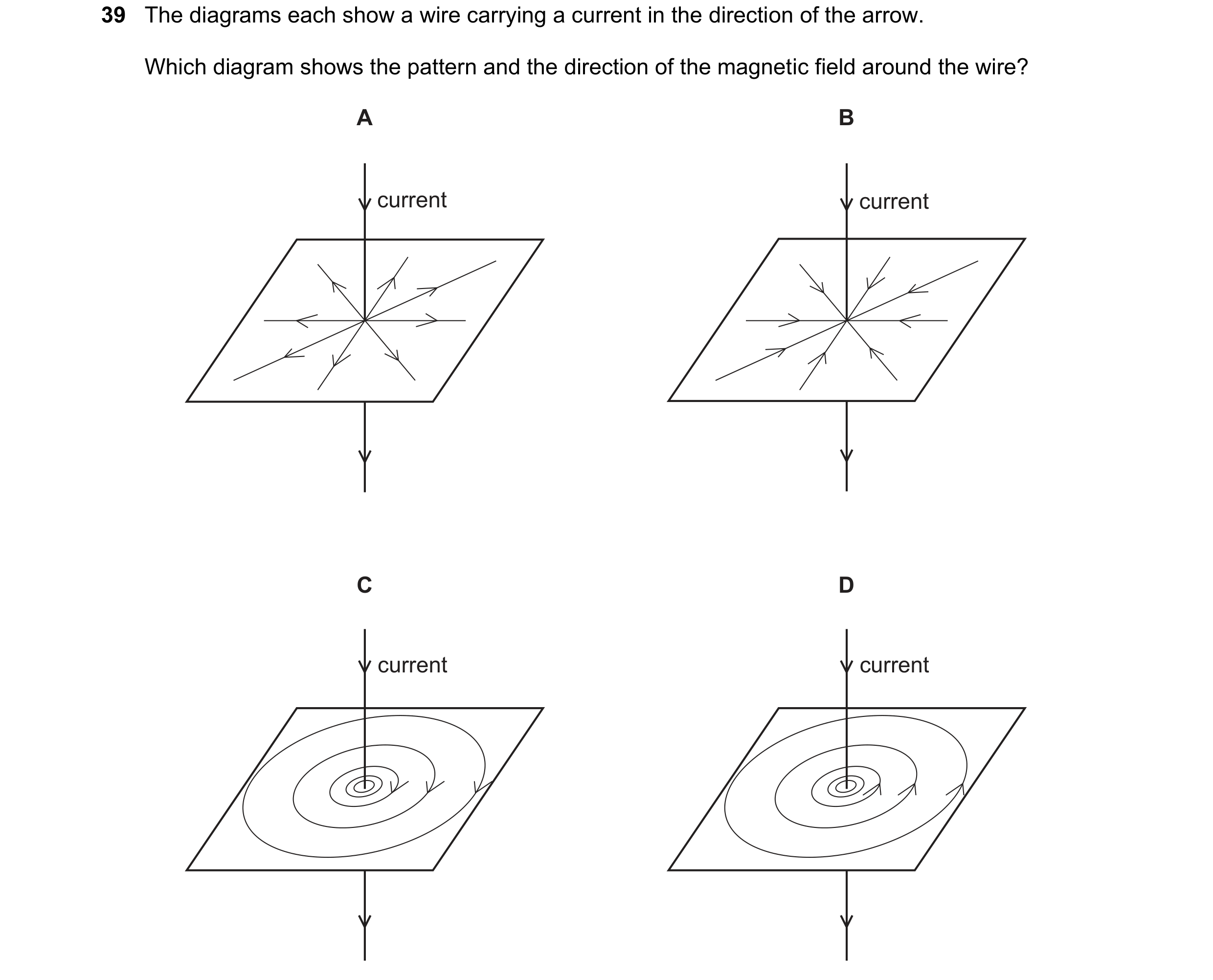 Question 20: The diagrams each show a wire carrying a current in the direction of the arrow. Which diagram shows the pattern and the direction of the ma…