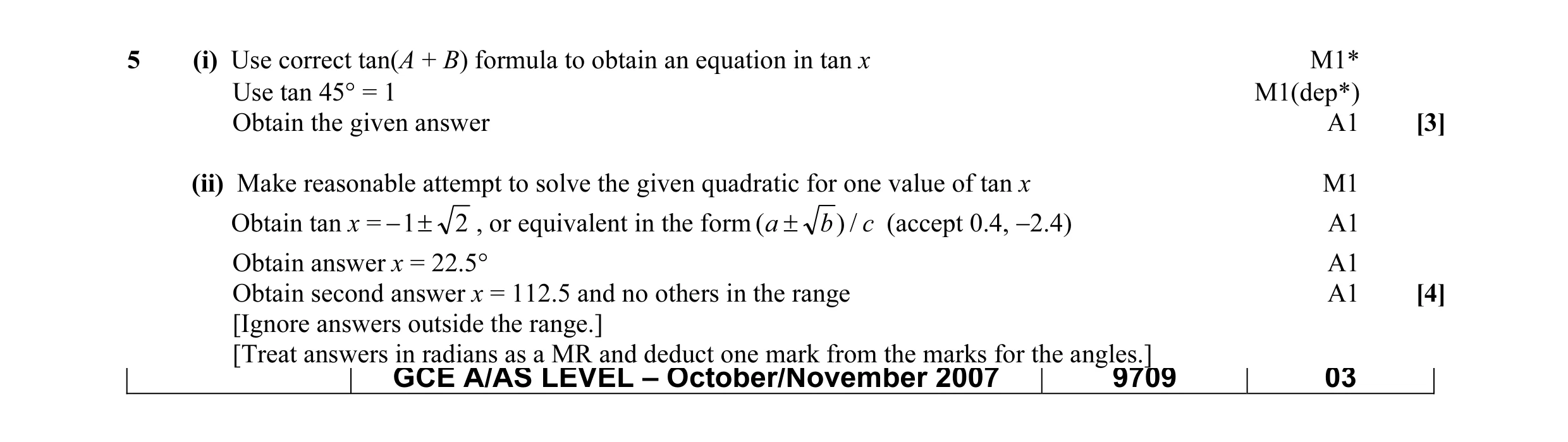 Mark scheme for question 5