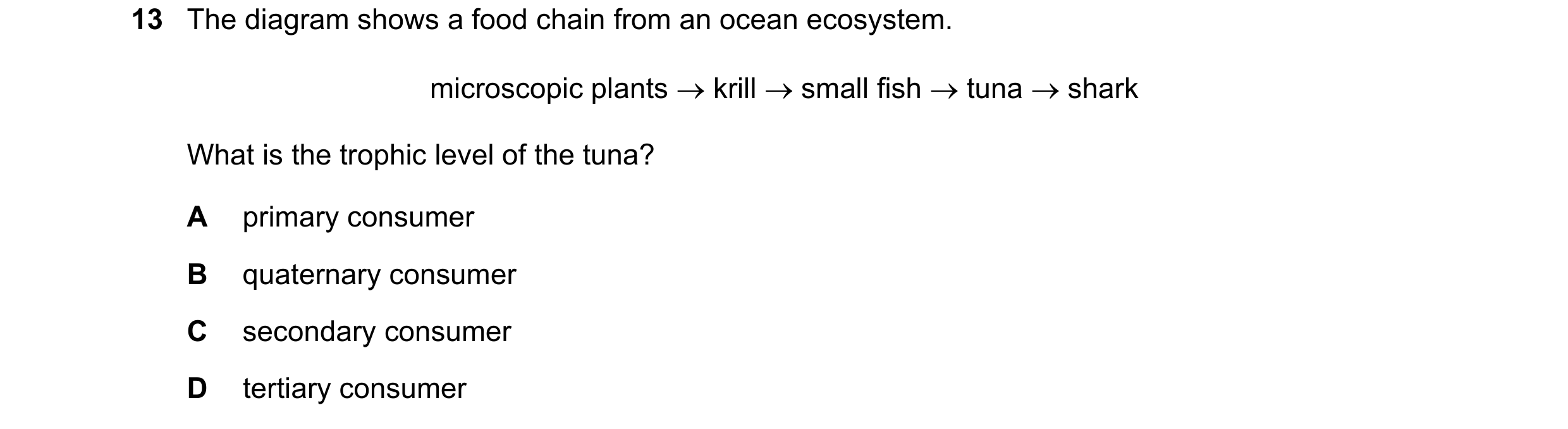 Question 31: The diagram shows a food chain from an ocean ecosystem. microscopic plants krill small fish tuna shark What is the trophic level of…