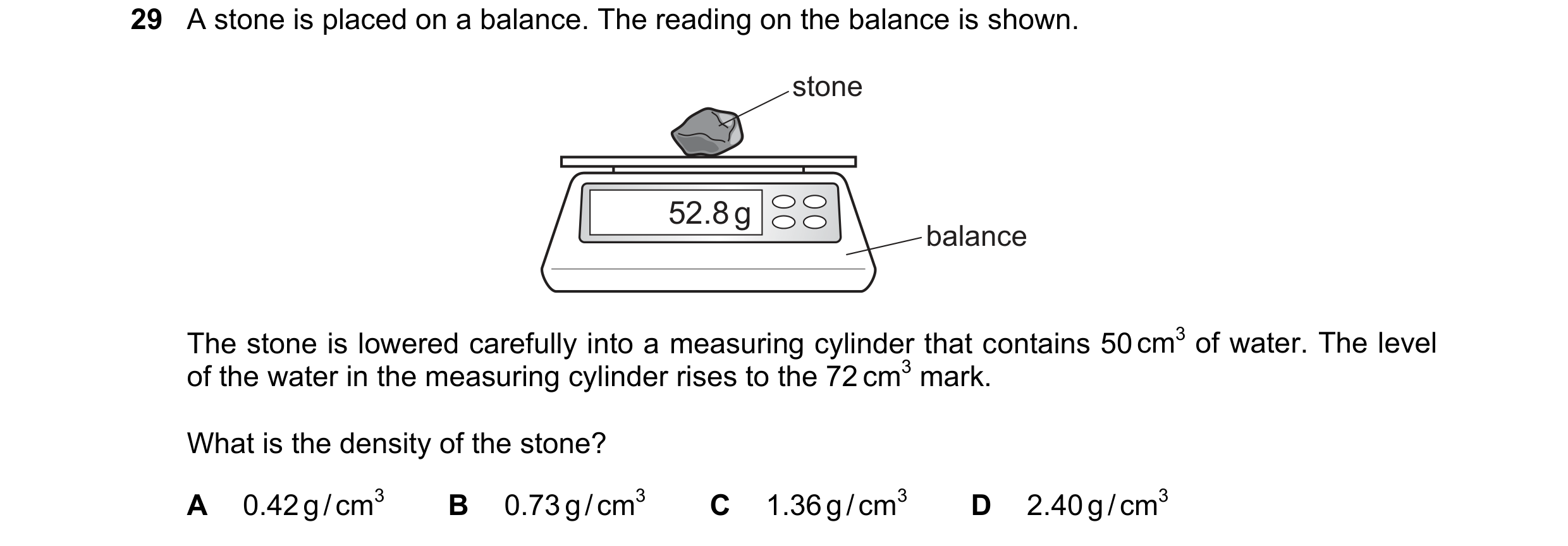 Question 17: A stone is placed on a balance. The reading on the balance is shown. stone 52.8 g balance The stone is lowered carefully into a measuring c…