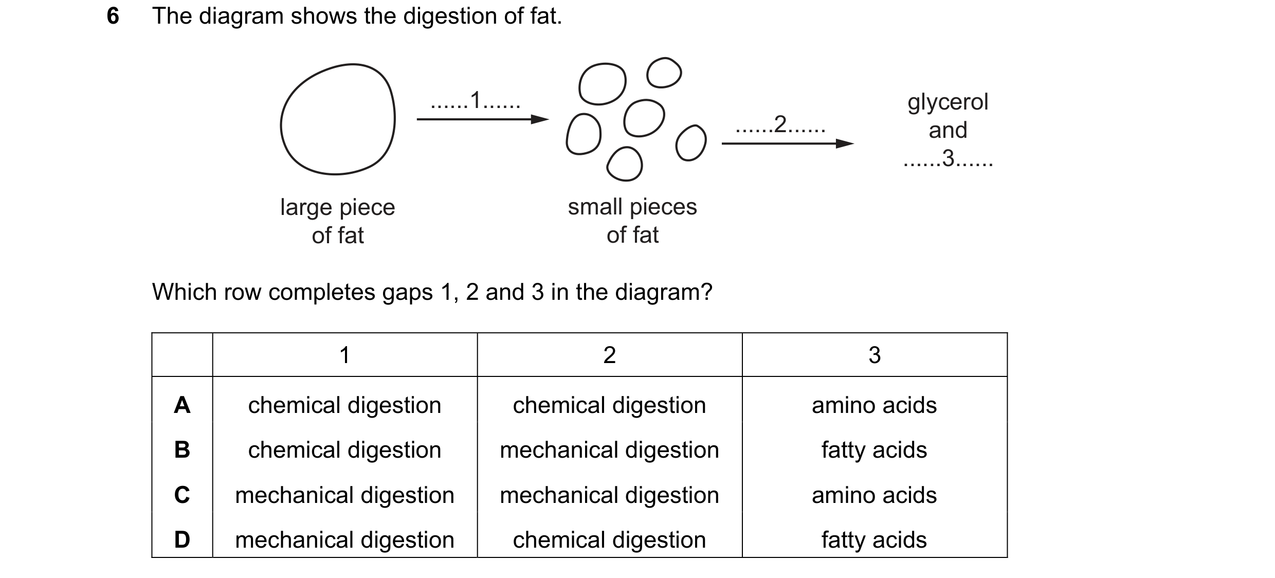 Question 25: The diagram shows the digestion of fat. ......1...... glycerol ......2...... and ......3...... large piece small pieces of fat of fat Which…