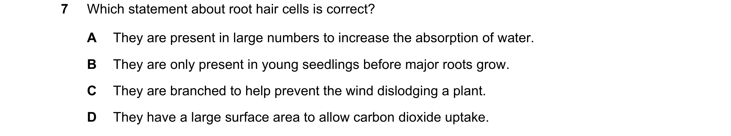 Question 17: Which statement about root hair cells is correct? A They are present in large numbers to increase the absorption of water. B They are only …