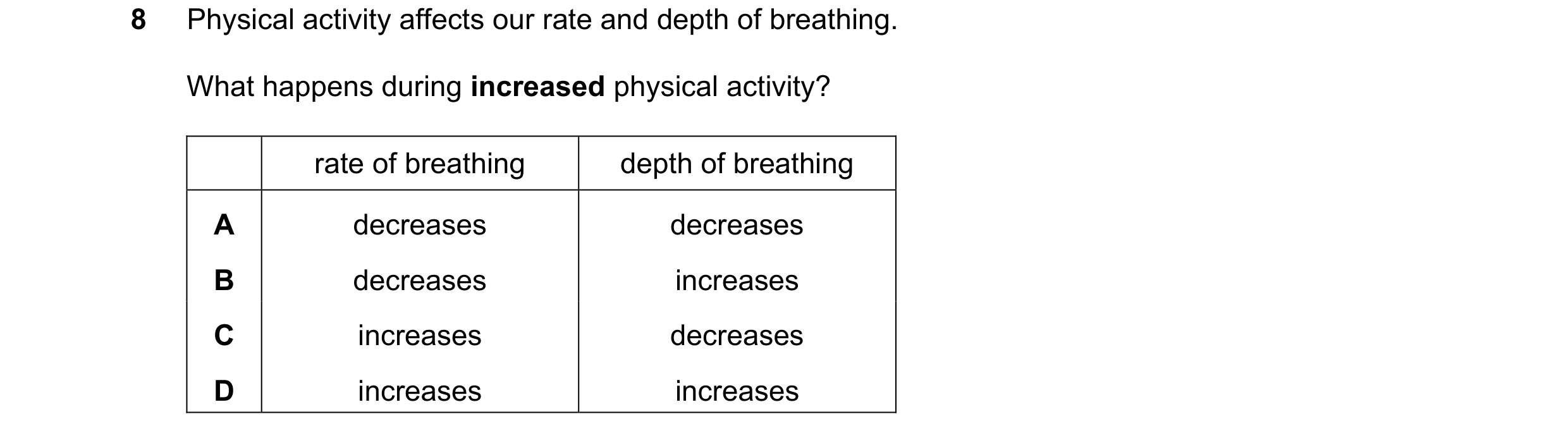 Question 34: Physical activity affects our rate and depth of breathing. What happens during increased physical activity? rate of breathing depth of brea…
