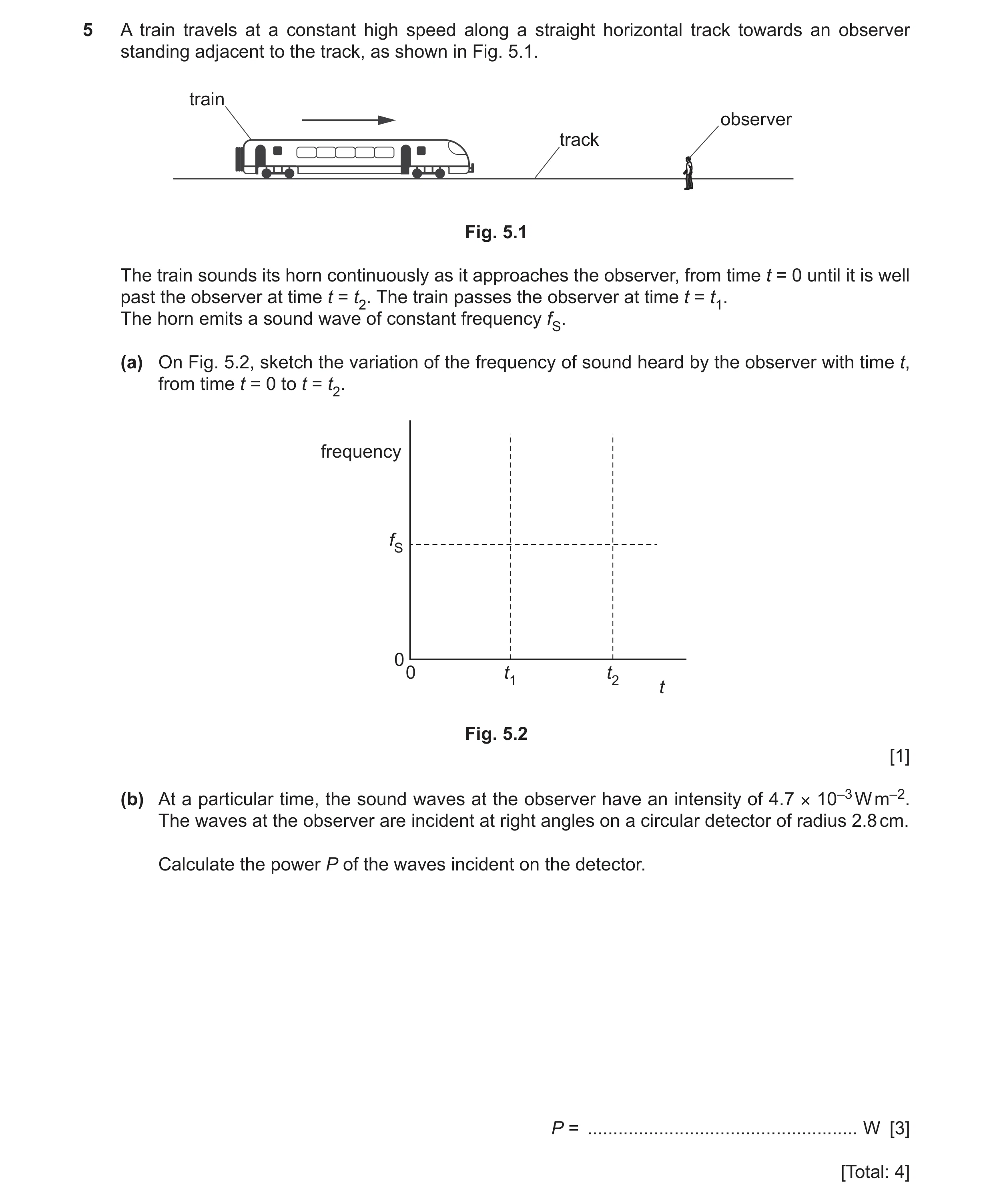 Question 20: A train travels at a constant high speed along a straight horizontal track towards an observer standing adjacent to the track, as shown in …