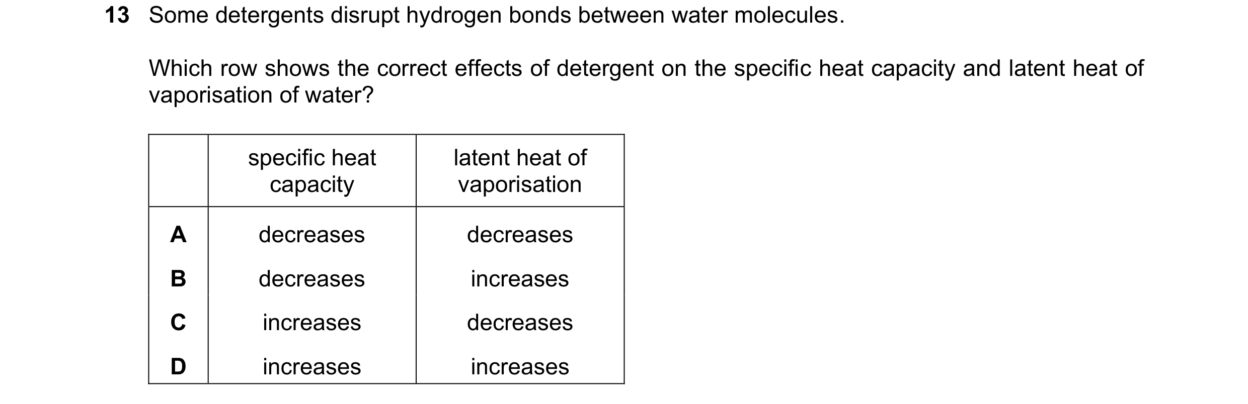 Question 63: Some detergents disrupt hydrogen bonds between water molecules. Which row shows the correct effects of detergent on the specific heat capac…