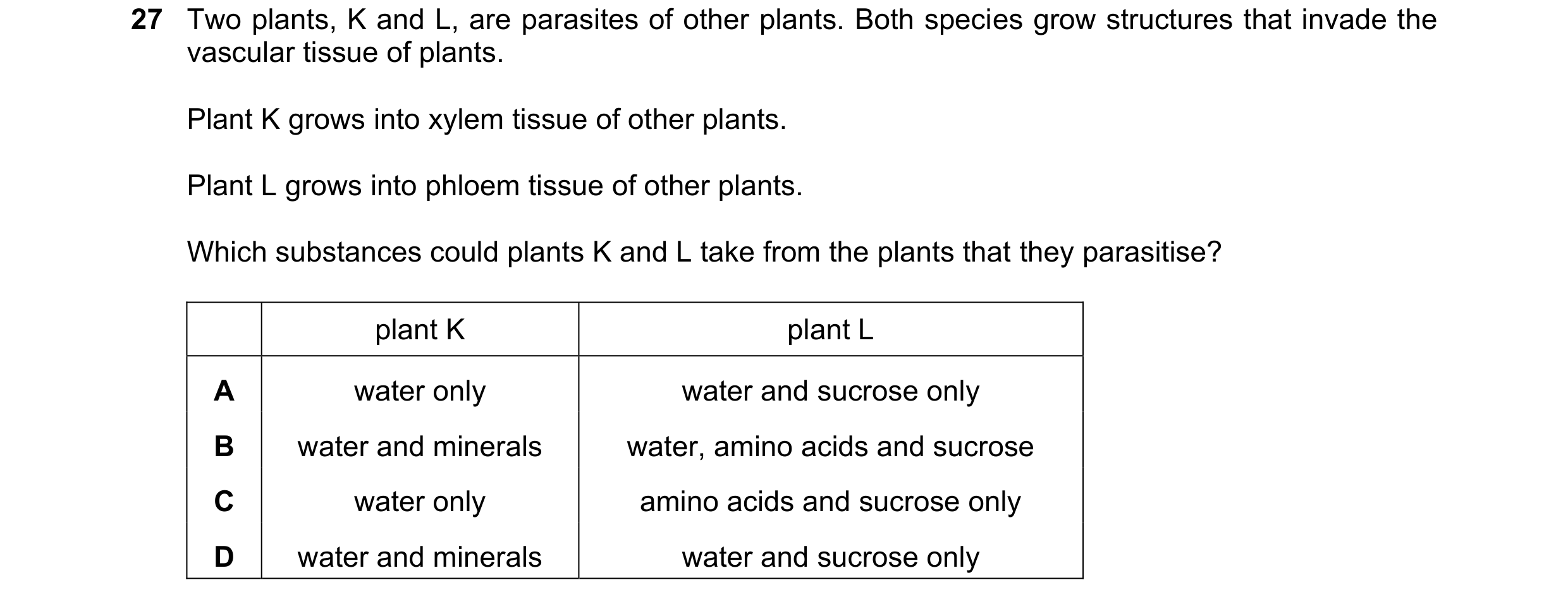 Question 334: Two plants, K and L, are parasites of other plants. Both species grow structures that invade the vascular tissue of plants. Plant K grows i…