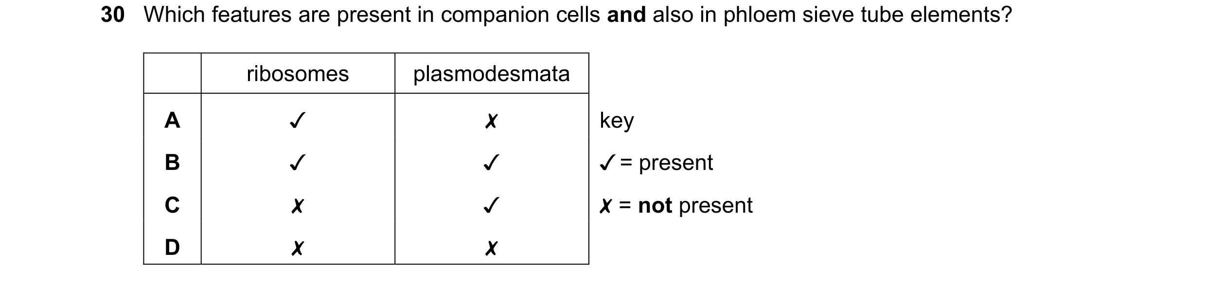 Question 116: Which features are present in companion cells and also in phloem sieve tube elements?

ribosomes plasmodesmata

v x key

/ = present

0 0O …