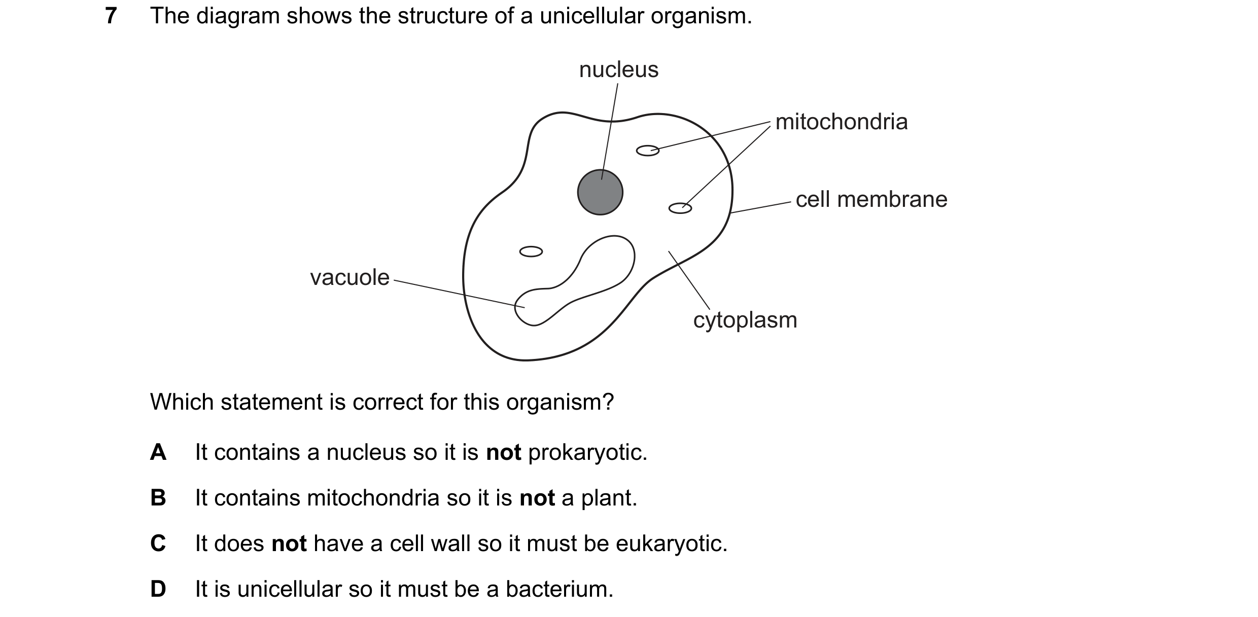 Question 382: The diagram shows the structure of a unicellular organism. nucleus mitochondria cell membrane vacuole cytoplasm Which statement is correct …