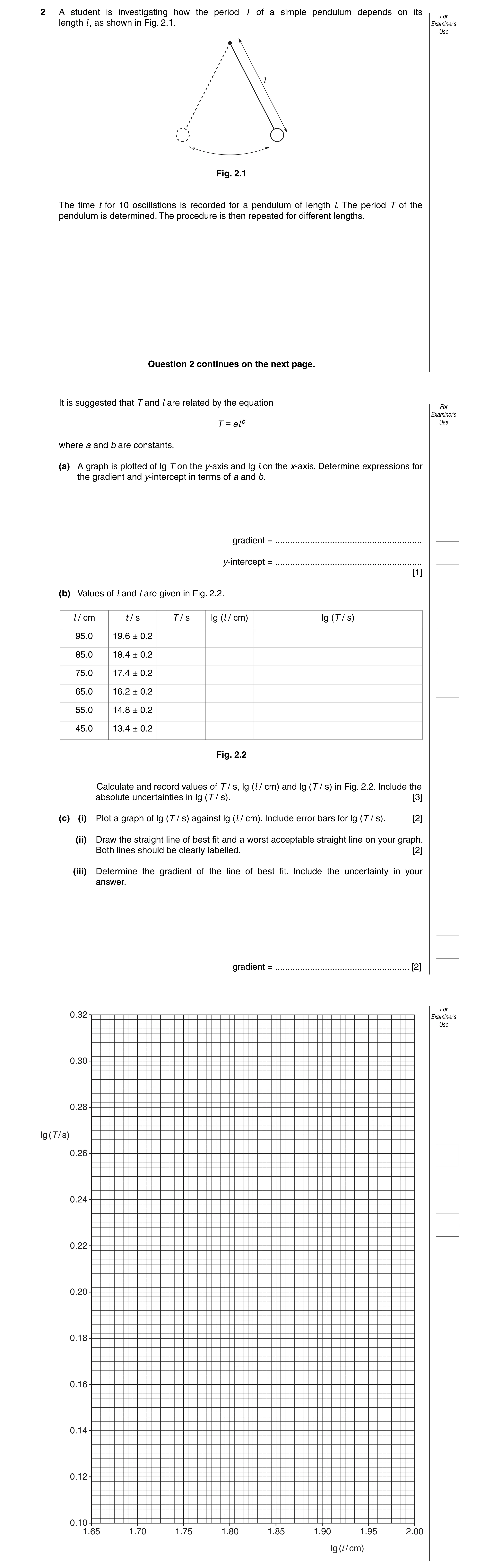 Question 5: A student is investigating how the period T of a simple pendulum depends on its For length l , as shown in Fig. 2.1. Examiner’s Use l Fig. …