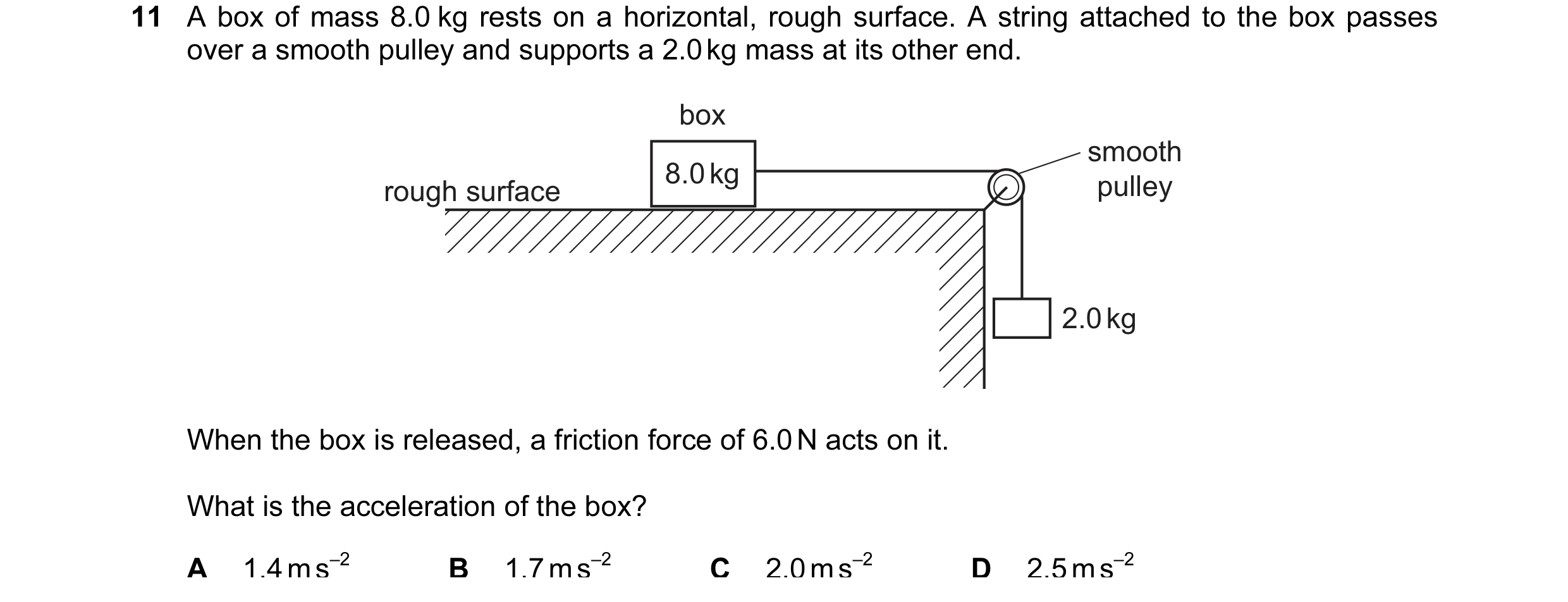 Question 9: A box of mass 8.0 kg rests on a horizontal, rough surface. A string attached to the box passes over a smooth pulley and supports a 2.0 kg m…
