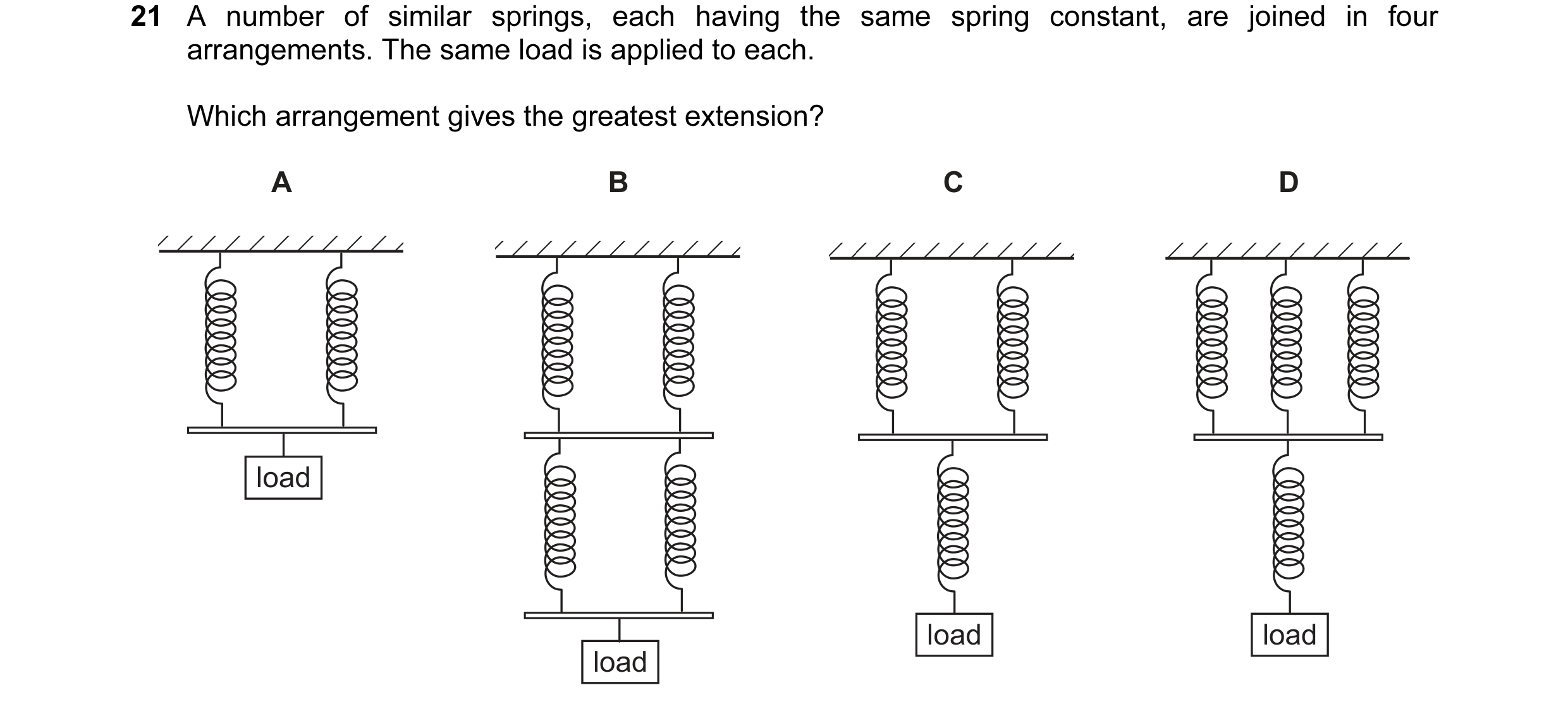 Question 12: A number of similar springs, each having the same spring constant, are joined in four arrangements. The same load is applied to each. Which…