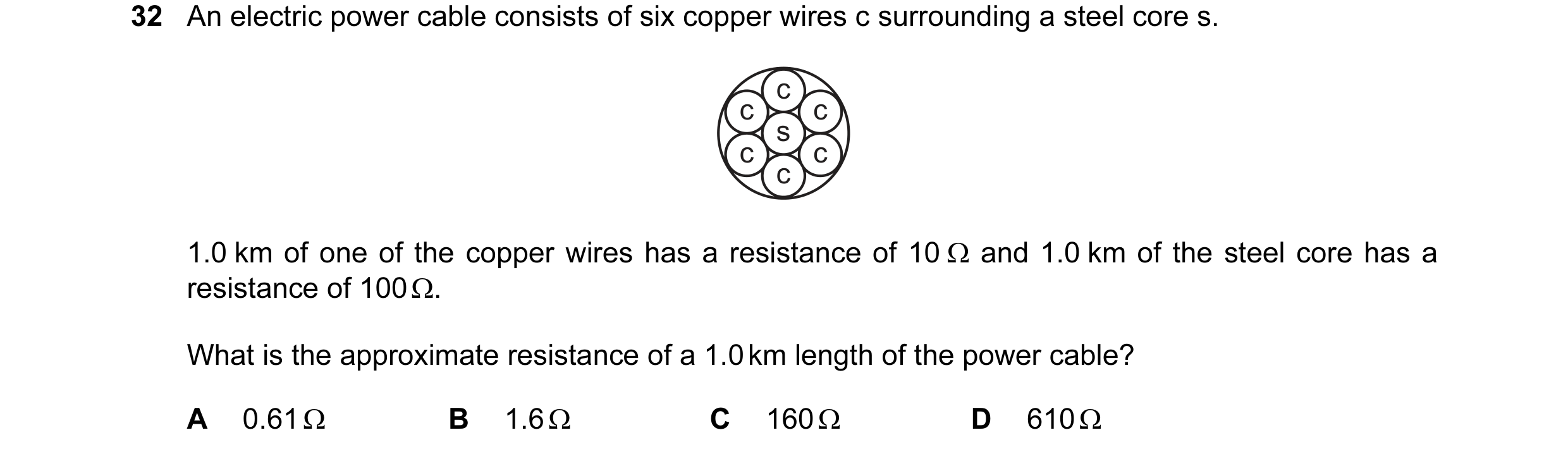 Question 14: An electric power cable consists of six copper wires c surrounding a steel core s. c c c s c c c 1.0 km of one of the copper wires has a re…